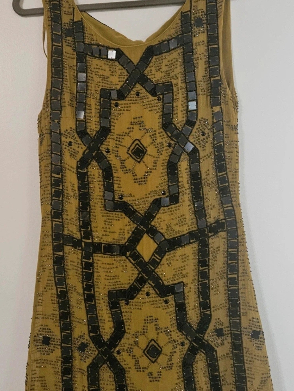 Free People Mustard Dress with Black Beaded Geometric Detail